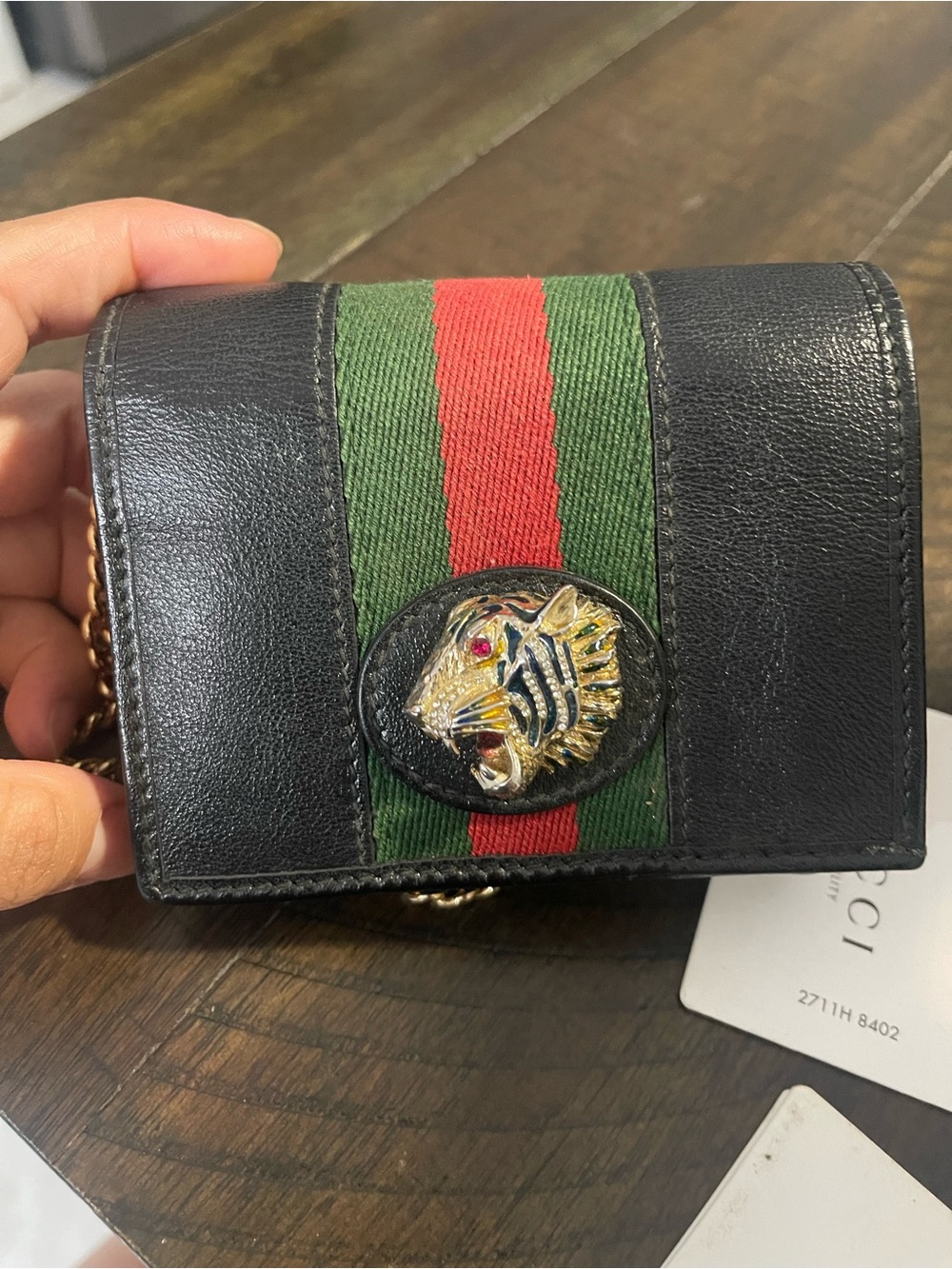 Gucci Black Leather Mini Wallet with Green and Red Web Stripe and Tiger Head